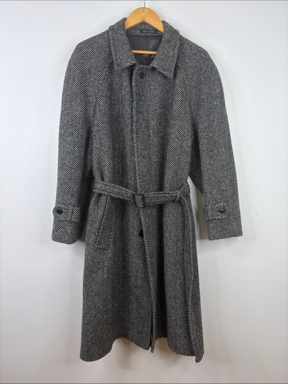 Vintage Yves Saint Laurent Overcoat Mens 42S Gray Wool Tweed Herringbone Jacket